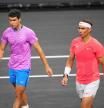 Carlos Alcaraz and Rafael Nadal in action during The Netflix Slam at Michelob ULTRA Arena on March 03, 2024 in Las Vegas, Nevada