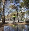 UNA JARDINERA DE PARCS I JARDINS DEL AJUNTAMENT DE BARCELONA REGANDO EL PARQUE DE LA BARCELONETA CON AGUAS FREATICAS