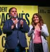 Marc Aloy, Oriol Junqueras y Laura Vilagrà en el acto de campaña en Manresa
