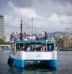 Foto PAULA SAMA 03/07/2024. Primer viaje del Bus Nàutic del Puerto de Barcelona que conecta los muelles de Drassanes y Llevant del puerto. Son dos catamaranes cero emisiones, Ecocat Dos y Ecocat Tres, operados por la empresa Alsa. El servicio operará un mínimo de 12 horas diarias con frecuencias de 15 y 30 minutos. Foto con Jaume Collboni, alcalde de Barcelona, Lluís Salvadó, director del puerto de Barcelona, David Pino, director del Port Vell, y Francisco Iglesias, consejero delegado de Alsa.