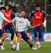 Spain's forward #09 Joselu (C) along with teammates attend a training session at the team's base camp in Donaueschingen on July 6, 2024, ahead of their UEFA Euro 2024 semi-final football match against France. (Photo by LLUIS GENE / AFP)