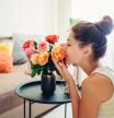 Woman smelling fresh roses in vase on table. Housewife taking care of coziness in apartment. Interior design and decor with flowers (Woman smelling fresh roses in vase on table. Housewife taking care of coziness in apartment. Interior design and decor