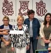 Las tres portavoces de los grupos que sustentan al Botànic junto a la negociadora de EU, Estefanía Blanes.