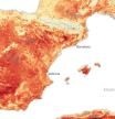 Imagen elaborada con datos del instrumento radiométrico de la misión Copernicus Sentinel-3 de la Agencia Espacial Europea donde se muestra la temperatura de la superficie terrestre en el sur de Francia, España y el norte de África en la mañana del 17 de julio.