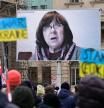 Belarus Nobel Literature Prize winner Svetlana Alexievich addresses anti-war protesters via video link at the rally by the International Literature festival 