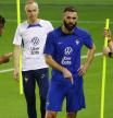 Soccer Football - FIFA World Cup Qatar 2022 - France Training - Al Sadd SC Stadium, Doha, Qatar - November 17, 2022 France's Karim Benzema and Raphael Varane during training REUTERS/Kai Pfaffenbach