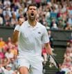 Serbia's Novak Djokovic celebrates winning a point against Russia's Andrey Rublev in a men's singles match on day nine of the Wimbledon tennis championships in London, Tuesday, July 11, 2023. (AP Photo/Kirsty Wigglesworth)