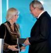 LONDON, ENGLAND - OCTOBER 17: Camilla, Duchess of Cornwall presents shortlisted author Paul Auster with his nomination award on stage at the Man Booker Prize dinner and reception at The Guildhall on October 17, 2017 in London, England. (Photo by Chris Jackson - WPA Pool / Getty Images)