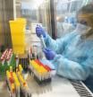 Laboratory operator handles positive Covid-19 samples to be sequenced in the virology laboratory of the AP-HP Henri Mondor Hospital in Creteil, on the outskirt of Paris on December 7, 2021. (Photo by Thomas SAMSON / AFP)