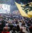 Supporters take part in a campaign meeting of Flemish far-right party of Vlaams Belang at the Antwerp Expo in Antwerp on June 2, 2024, ahead of the June 9 Belgian federal election. (Photo by Simon Wohlfahrt / AFP)