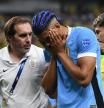 LAS VEGAS, NEVADA - JULY 06: Ronald Araujo of Uruguay reacts after suffering an injury during the CONMEBOL Copa America 2024 quarter-final match between Uruguay and Brazil at Allegiant Stadium on July 06, 2024 in Las Vegas, Nevada. Candice Ward/Getty Images/AFP (Photo by Candice Ward / GETTY IMAGES NORTH AMERICA / Getty Images via AFP)