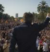 Catalan independence leader and former President Carles Puigdemont addresses supporters after his arrival near the Catalan parliament to attend the investiture debate in Barcelona, Spain, Thursday Aug. 8, 2024. Puigdemont, the former leader of Catalonia who left Spain after organizing an independence referendum in the Spanish northeastern region seven years ago, announced that he plans to return home on Thursday despite the likelihood of being arrested on his return. (AP Photo/Emilio Morenatti)