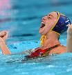Spain's #11 Maica Garcia Godoy celebrates after winning the women's water polo semifinal match between Netherlands and Spain during the Paris 2024 Olympic Games at the Paris La Defense Arena in Paris on August 8, 2024. (Photo by Andreas SOLARO / AFP)