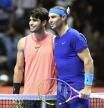 Riyadh (Saudi Arabia), 17/10/2024.- Rafael Nadal of Spain (R) and Carlos Alcaraz of Spain pose ahead of their match at the Six Kings Slam exhibition tennis tournament in Riyadh, Saudi Arabia, 17 October 2024. (Tenis, Arabia Saudita, España) EFE/EPA/STR