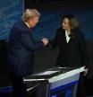 US Vice President and Democratic presidential candidate Kamala Harris and former US President and Republican presidential candidate Donald Trump shake hands at the start of a presidential debate at the National Constitution Center in Philadelphia, Pennsylvania, on September 10, 2024. (Photo by SAUL LOEB / AFP)