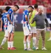 PAMPLONA, SPAIN - MAY 18: Manolo Gonzalez, Head Coach of RCD Espanyol, speaks to Roberto Fernandez Jaen and Edu Exposito following the LaLiga match between CA Osasuna and RCD Espanyol de Barcelona at Estadio El Sadar on May 18, 2025 in Pamplona, Spain. (Photo by Juan Manuel Serrano Arce/Getty Images)