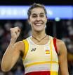 Carolina Marin of Spain celebrates victory against Aya Ohori of Japan during Women's Singles Quarterfinal of the Badminton on La Chapelle Arena Court 1 during the Paris 2024 Olympics Games on August 3, 2024 in Paris, France.
