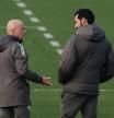 Soccer Football - Copa del Rey - Round of 16 - Real Madrid Training - Ciudad Real Madrid, Madrid, Spain - January 13, 2026 Real Madrid coach Alvaro Arbeloa with assistant coach Antonio Pintus during training REUTERS/Susana Vera