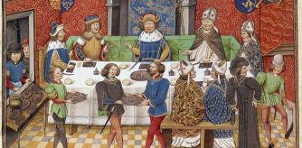 ITALY - OCTOBER 20: Summoned to prove his innocence for having broken the Eucharistic fasting, Saint Albert turns water into wine before pope Alexander II and three cardinals, fresco from the 14th century in the chapel of the church of Saint Albert, hermitage of Sant'Alberto di Butrio, Lombardy, Italy. (Photo by DeAgostini/Getty Images)