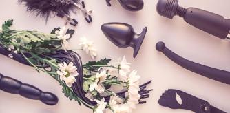 Sex Toys for adults (for sexual entertainment: dildo, butt plug, vibrator, handcuffs, whip and other) and a branch of white chrysanthemums.