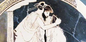 Detalle de un kílix ático en el que se representa a un amante (erastés) besando a su amado (erómenos). Arte griego, siglo V a. C.