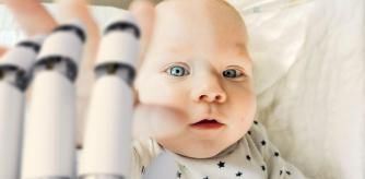 Portrait of baby boy reaching for robot hand