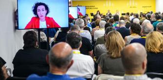 La secretària general d'ERC, Marta Rovira, intervenint a la reunió del Consell Nacional dels republicans per videoconferència.