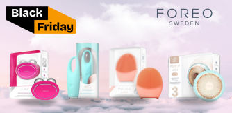 Portada del artículo sobre descuentos de Black Friday en productos Foreo en Amazon, con un fondo de nubes y cuatro dispositivos Foreo destacados.