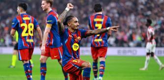 Soccer Football - Spanish Super Cup - Semi Final - FC Barcelona v Athletic Bilbao - King Abdullah Sports City, Jeddah, Saudi Arabia - January 7, 2026 FC Barcelona's Raphinha celebrates scoring their fourth goal REUTERS/Stringer