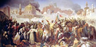 La toma de Jerusalén (1099), ocurrida durante la primera cruzada. Algunos autores defienden que la batalla de Barbastros es un antecedente de las cruzadas.
