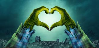 Zombie monster hand heart background in a creepy night graveyard as halloween green arms emerging from a cemetary grave with 3D illustration elements. (Zombie monster hand heart background in a creepy night graveyard as halloween green arms emerging f