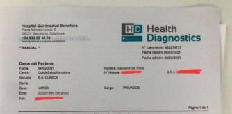 Documento que circuló en las redes sociales sobre una PCR de Salvador Illa