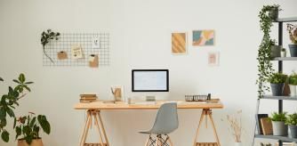 Comfortable workplace with potted plants