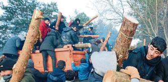 TOPSHOT - Migrants unload a truck with tree trunks delivered by the Belarusian officials in a camp on the Belarusian-Polish border in the Grodno region on November 12, 2021. - Hundreds of desperate migrants are trapped in freezing temperatures on the border and the presence of troops from both sides has raised fears of a confrontation. (Photo by Leonid Shcheglov / BELTA / AFP) / Belarus OUT