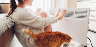 Usar el calentador en la casa en invierno. Mujer calentando sus manos con gato.
