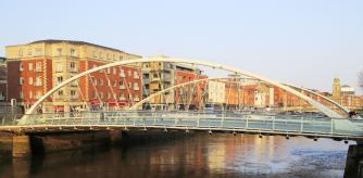 James Joyce bridge crossing River Liffey, city of Dublin, Ireland, Irish Republic. (Photo by: Geography Photos/Universal Images Group via Getty Images)