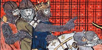 Godofredo de Bouillon, uno de los líderes de la primera cruzada, en la toma de una ciudad. Miniatura medieval.