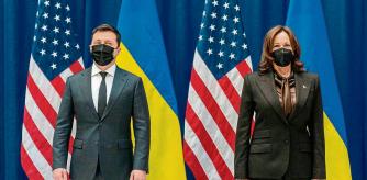 US Vice President Kamala Harris and Ukrainian President Volodymyr Zelensky pose for photographs before a meeting at the Munich Security Conference (MSC) in Munich, southern Germany, on February 19, 2022. - During the 58th Munich Security Conference running from February 18-20, 2022, international diplomats and experts meet to discuss topics such as global order, human and transnational security, defense or sustainability. (Photo by Andrew Harnik / POOL / AFP)