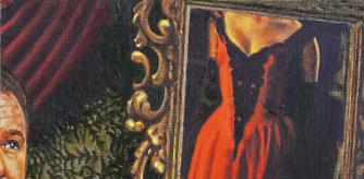 el espejo con vestigo rojo y parte de un rostro de hombre que mira):
“Fin de siècle”, 2022, óleo sobre papel de Juan Antonio Mañas