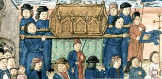 Procesión de las reliquias de san Nicolás. 'Livre de la confrérie Saint-Nicolas de Valenciennes', anónimo del siglo XV