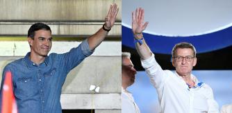 (COMBO) This combination of pictures created on July 24, 2023 shows Spanish Prime Minister and Socialist Party (PSOE) candidate for re-election Pedro Sanchez (R) and leader and candidate of conservative Partido Popular (People's Party) Alberto Nunez Feijoo waving at their headquarters in Madrid after Spain's general election on July 23, 2023. The Spanish right is only just slightly ahead of the socialists of Prime Minister Pedro Sanchez, who maintains a chance to stay in power through the game of alliances, following Spain's general election. (Photo by JAVIER SORIANO and OSCAR DEL POZO / AFP)