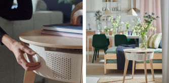 STARKVIND, mesa con purificador aire, chapa de roble teñida/blanco inteligente