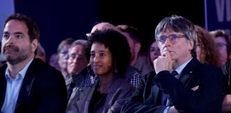 Carles Puigdemont, Ennatu Domingo i David Saldoni, al míting d'aquest dilluns a Argelers