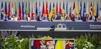 Stansstad (Switzerland), 16/06/2024.- Swiss Federal President Viola Amherd is pictured on a monitor as she attends the plenary session of the Summit on peace in Ukraine in Stansstad near Lucerne, Switzerland, 16 June 2024. International heads of state gather on 15 and 16 June at the Buergenstock Resort in central Switzerland for the two-day Summit on Peace in Ukraine. (Suiza, Ucrania, Lucerna) EFE/EPA/URS FLUEELER / POOL EDITORIAL USE ONLY