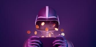 Primer plano de una chica 3D jugando con el teléfono móvil con gafas y monedas de realidad virtual