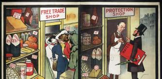 Caricatura política del partido liberal inglés sobre las diferencias entre una economía con aranceles y otra sin ellos