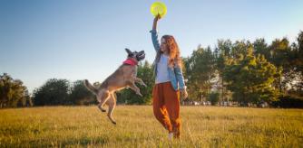 Una chica juega apaciblemente con el frisbee y su perro durante una tarde de primavera