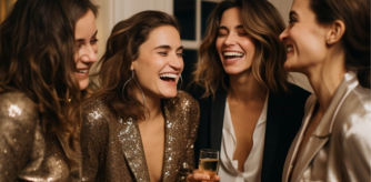 Grupo de cuatro mujeres riendo y brindando con copas de champán, vestidas con looks de fiesta en tonos metalizados y elegantes durante una celebración de Fin de Año.