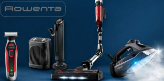 Selección de productos Rowenta sobre fondo azul, con aspiradora, plancha, calefactores y cuidado personal