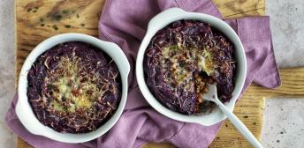 Lentejas con parmienter de boniatos violetas